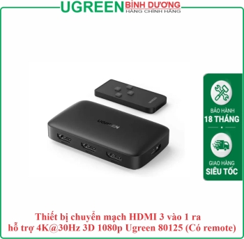 Thiết bị chuyển mạch HDMI 3 vào 1 ra hỗ trợ 4K@30Hz 3D 1080p Ugreen 80125 (Có remote)